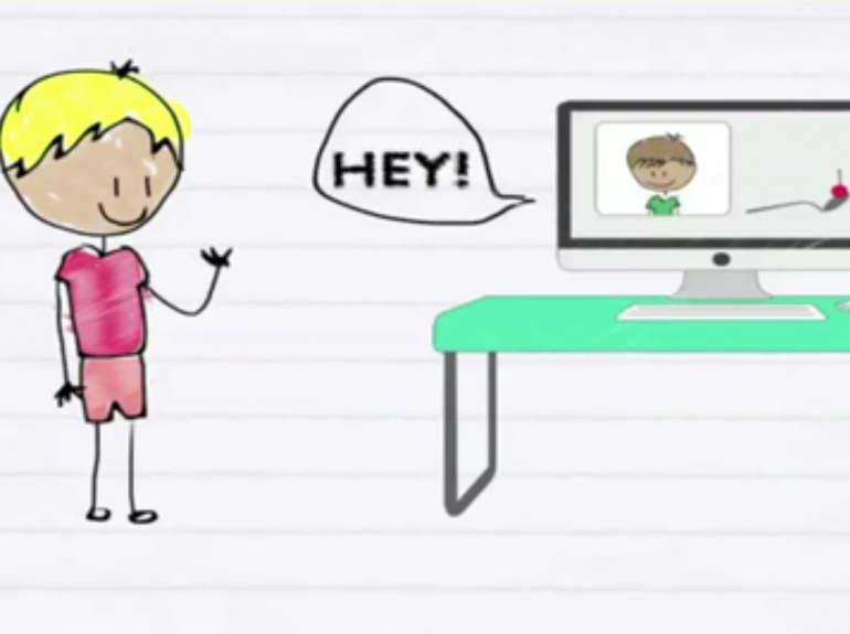 cartoon drawing of child waving at computer from the Taleoh animation